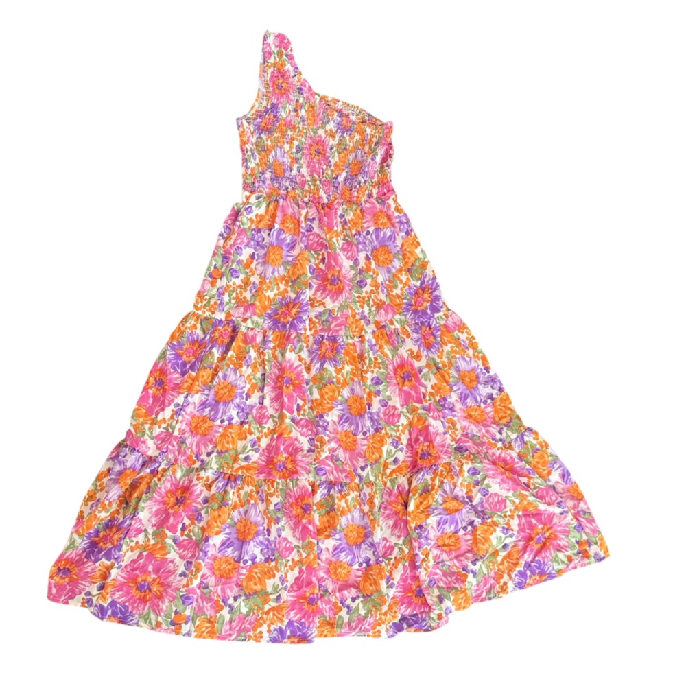 Bright Spring Floral Tiered One shoulder Maxi Dress - Pink, Orange & Purple